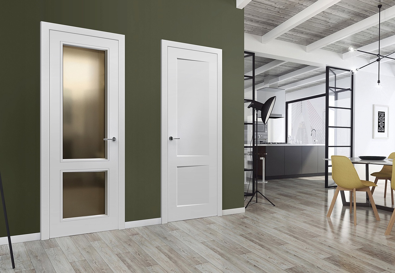 Межкомнатная дверь из серии Комфорт (Шпон и Эмаль) модель PF1 Ral 7035, Ral 9010, Белый