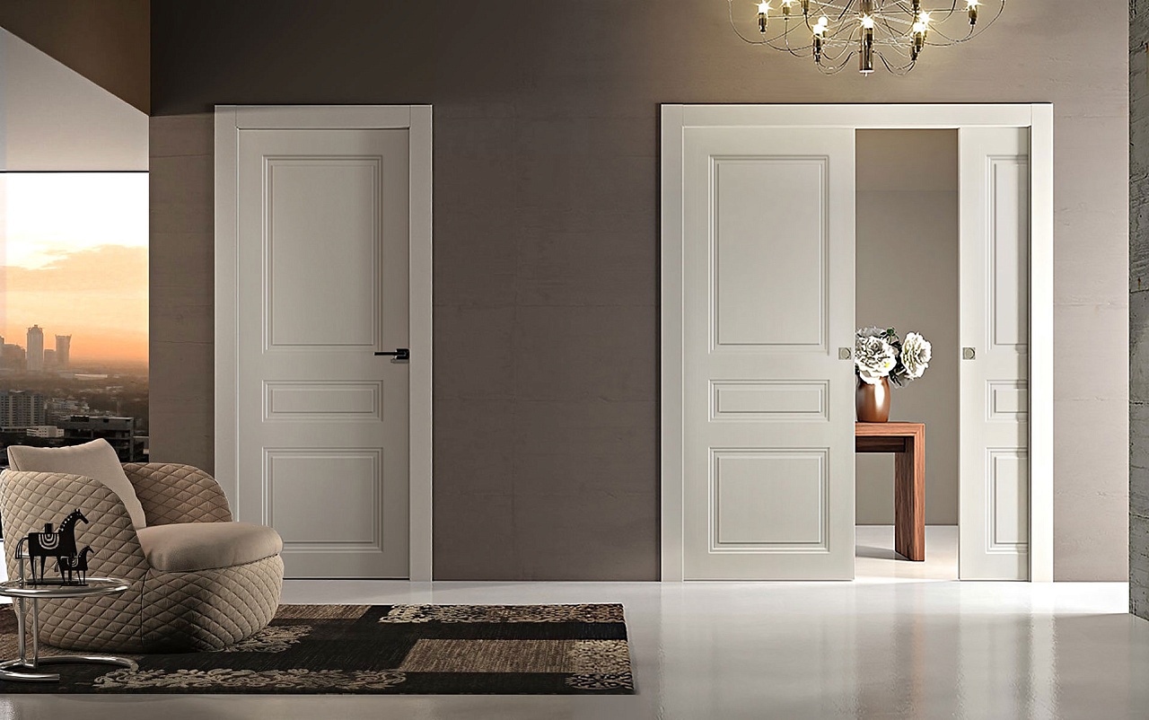 Межкомнатная дверь из серии Комфорт (Шпон и Эмаль) модель Л83 Ral 7035, Ral 9010, Белый