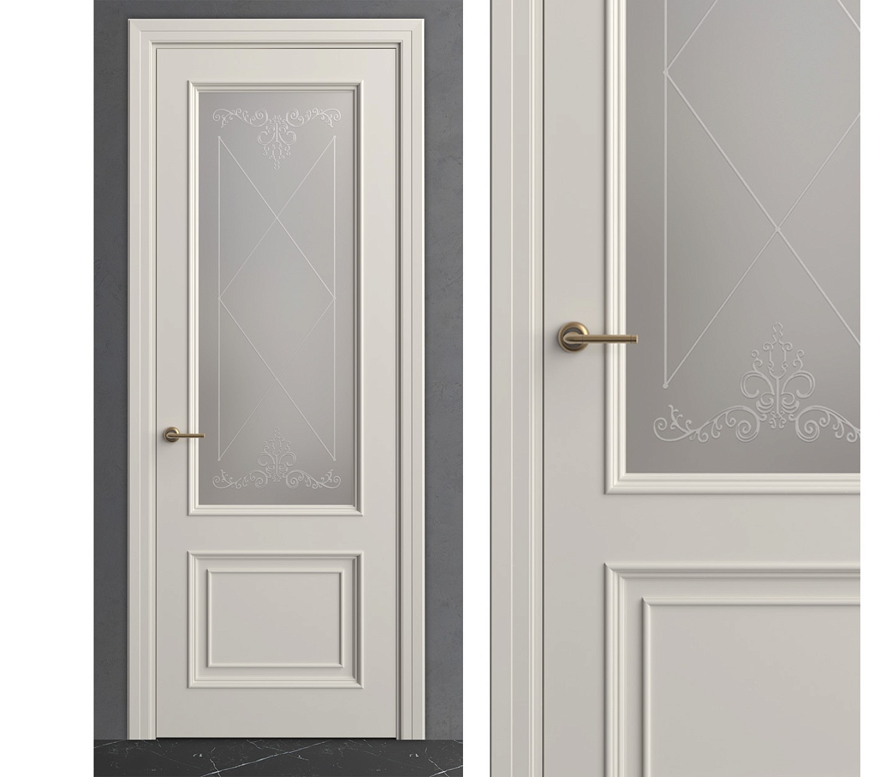 Межкомнатная дверь из серии Вернисаж (Шпон и Эмаль) модель Л41-В Ral 7035, Ral 9010, Белый, Ясень с открытой структурой, Ясень со скрытой структурой