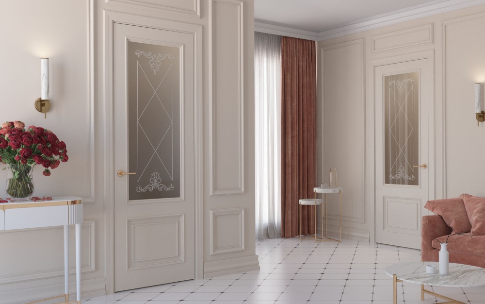 Межкомнатная дверь из серии Вернисаж (Шпон и Эмаль) модель Л41-В Ral 7035, Ral 9010, Белый, Ясень с открытой структурой, Ясень со скрытой структурой