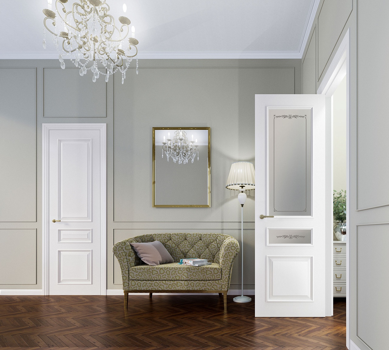 Межкомнатная дверь из серии Камея (Эмаль) модель Л53-С Ral 7035, Ral 9010, Белый